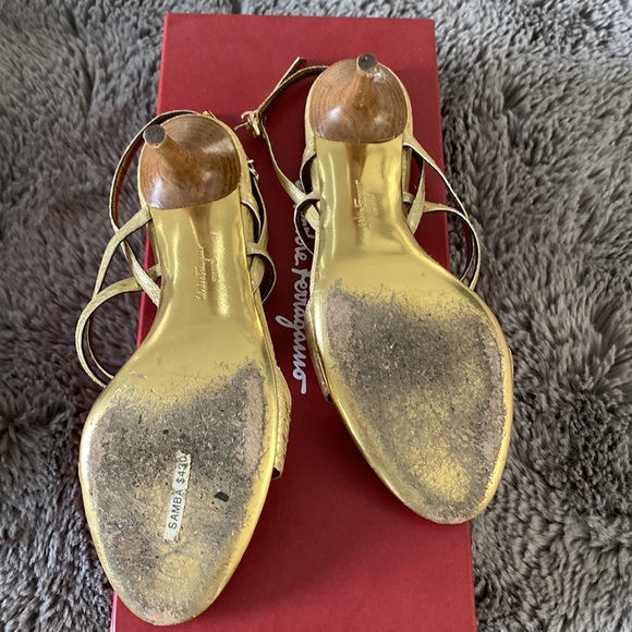 Salvatore Ferragamo gold reptile “Samba” strapped heals. Approx 3” high - Picture 3 of 5